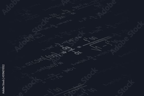 Logarithmic, derivative, trigonometric, logarithmic, hyperbolic and inverse equations and formulas on a black background in perspective