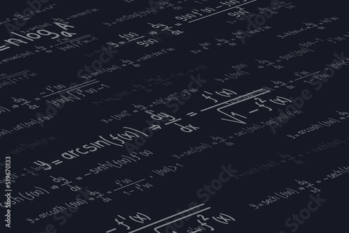 Logarithmic, derivative, trigonometric, logarithmic, hyperbolic and inverse equations and formulas on a black background in perspective