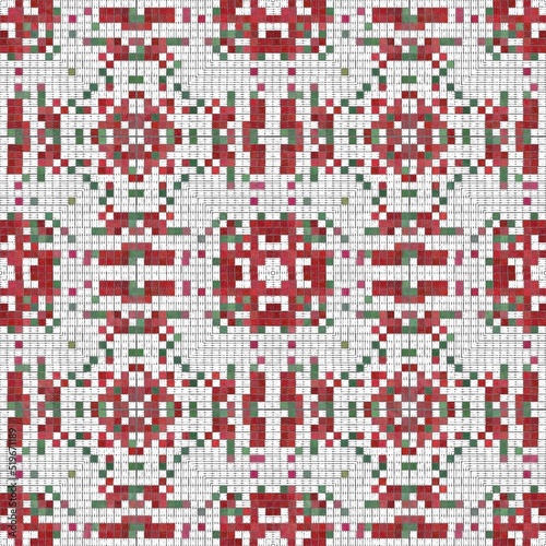 Seamless Christmas poinsettia cross stitch pattern. Decorative ornament in seasonal red for embroidered December holiday background. Winter botanical vintage scandi repeat tile. 