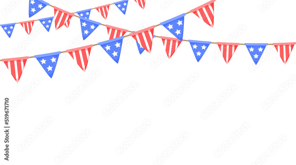 Obraz premium USA flag garland. US patriotic pennants chain. American party bunting decoration. United States flags for celebration. Vector background.