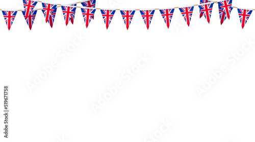 UK flag garland. Union Jack pennants chain. British party bunting decoration. Great Britain flags for celebration. Footer and banner background.
