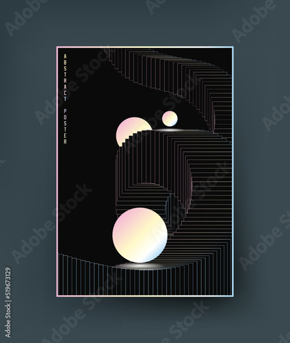 Abstract poster in dark colors with iridescent holographic objects