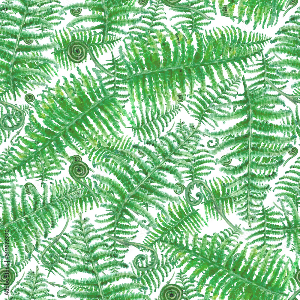 Seamless watercolor background with green fern branches