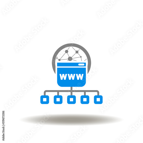Vector illustration of earth planet network with web page and net flowchart. Icon of domain name registration. Symbol of website address internet service.