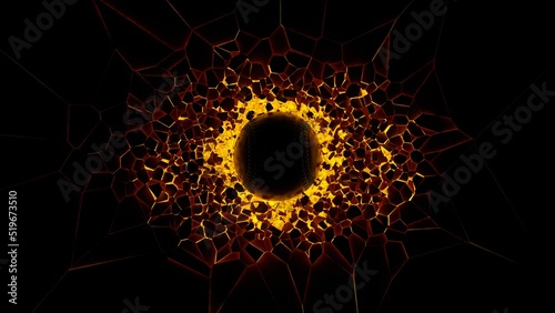 Red baseball breaking with great force through orange illuminated black wall under black-white background. 3D high quality rendering.
