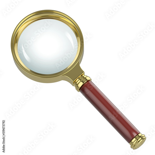 Classic style magnifying glass on white background. Vintage optical instrument. 3d rendering.
