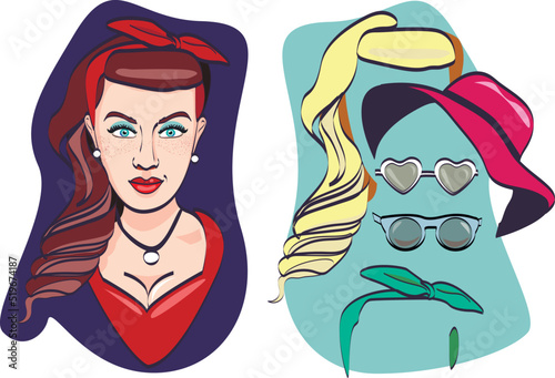 Comic scene with a woman in pin up style and summer stuffs