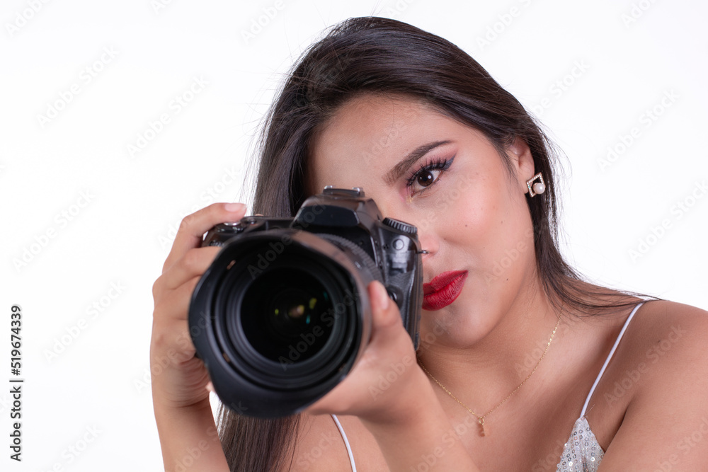 latina girl holding a camera pretending to take a photograph, isolated on white background, photography course concept latina girl holding a camera pretending to take a photograph, isolated on white background, photography course concept