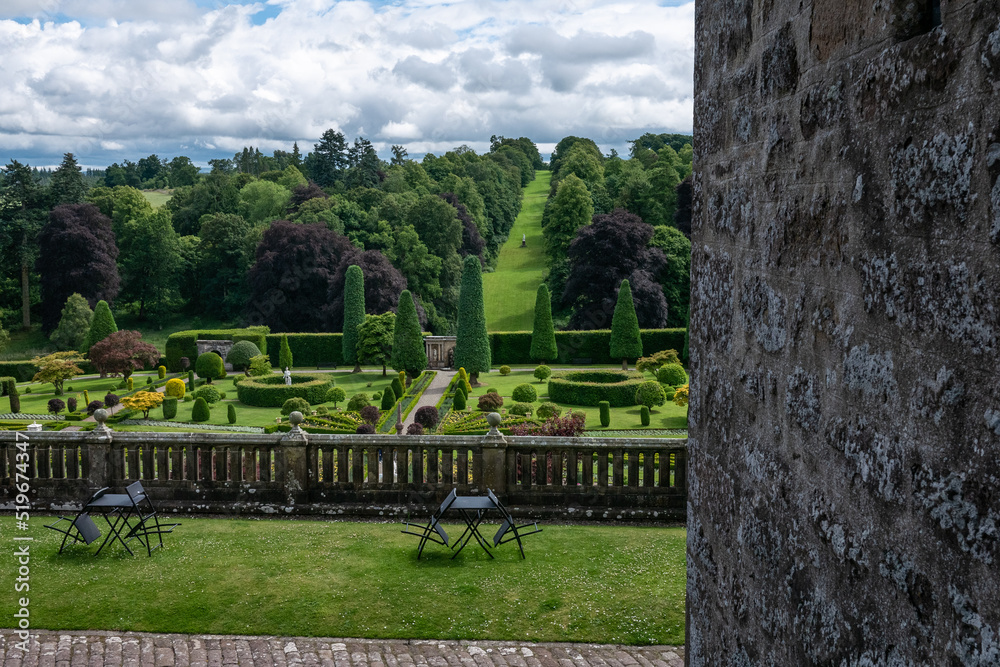 View of beautiful lush green gardens of the Drummond Castle close to Crieff in Scotland