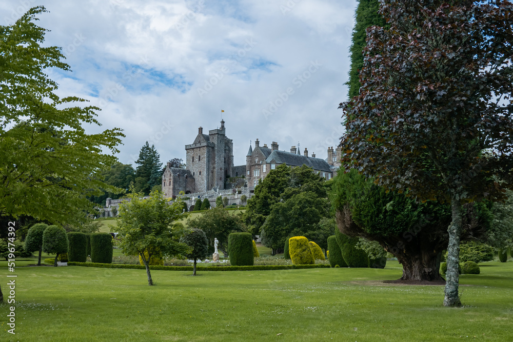 View of Drummond castle in Scotland from its beautiful lush green garden park 