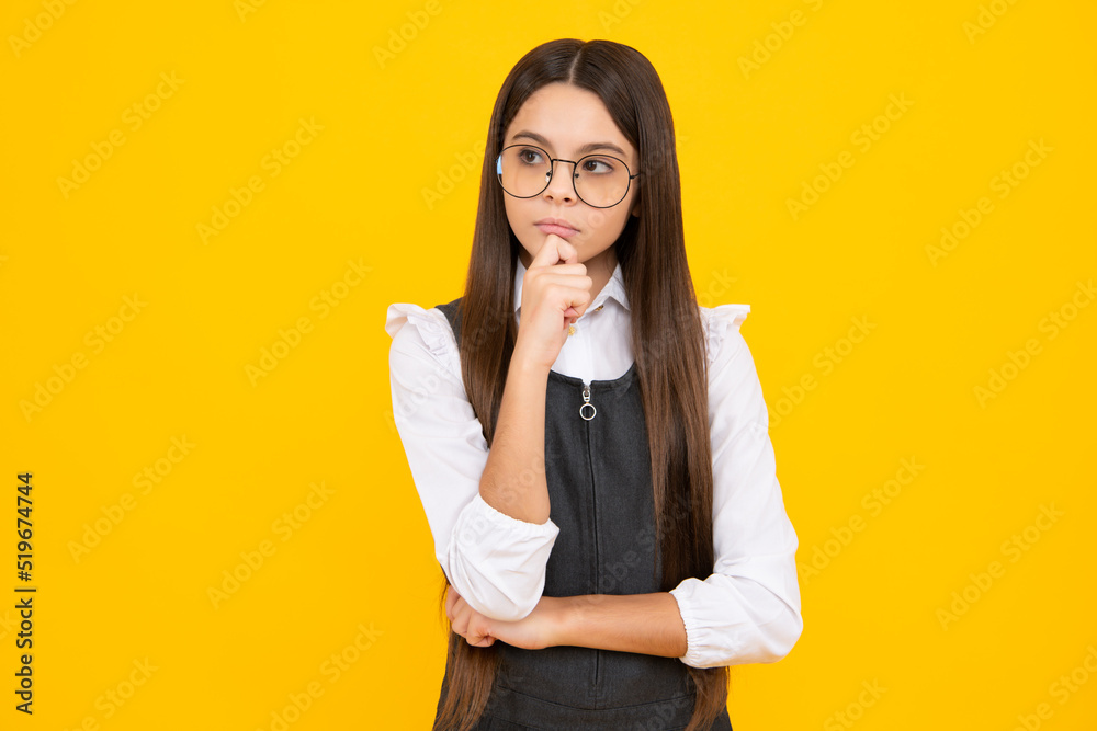 Doubtful thoughtful teenager child girl dreaming, imagining something, creating idea. Doubtful thoughtful teenager child girl dreaming, imagining something, creating idea.