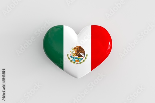 Mexican souvenir - a badge in the shape of a heart with the flag of Mexico as a symbol of patriotism and pride in their country. State symbol of Mexico on a glossy badge. 3D rendering