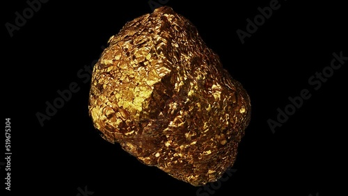 Realistic looping 3D animation of the spinning shining precious gold nugget demonstration rendered in UHD with alpha matte