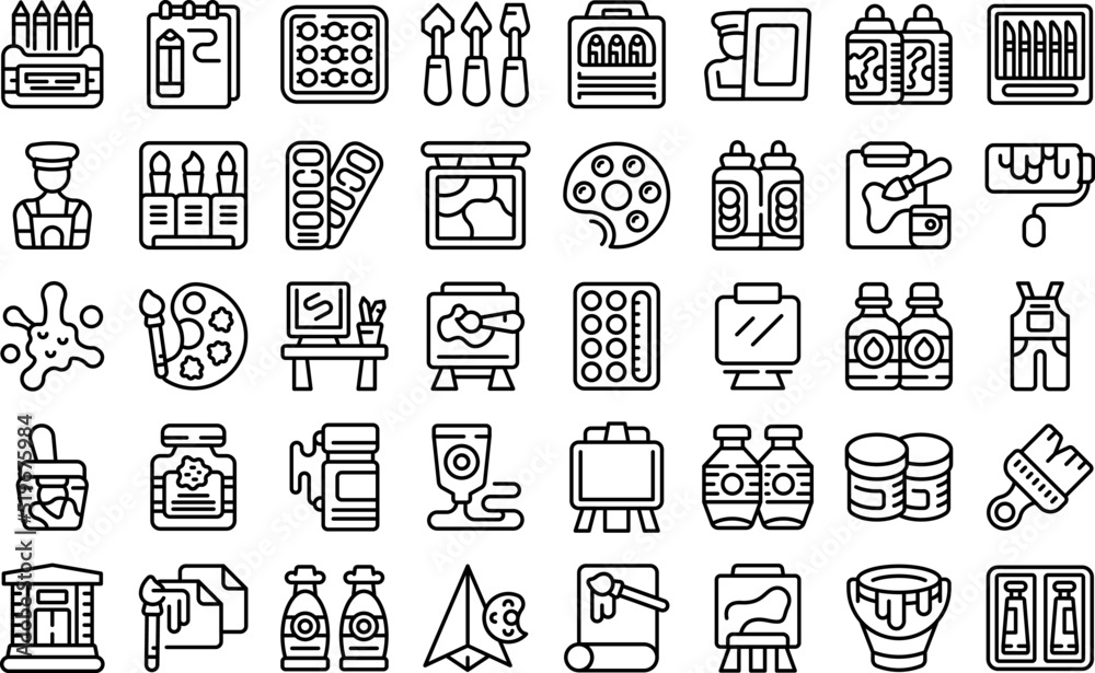 Painting studio icons set outline vector. Woman painter. Cloth artwork Painting studio icons set outline vector. Woman painter. Cloth artwork