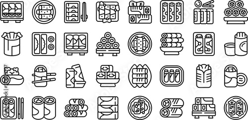 Spring roll icons set outline vector. Asia food. Chinese thai