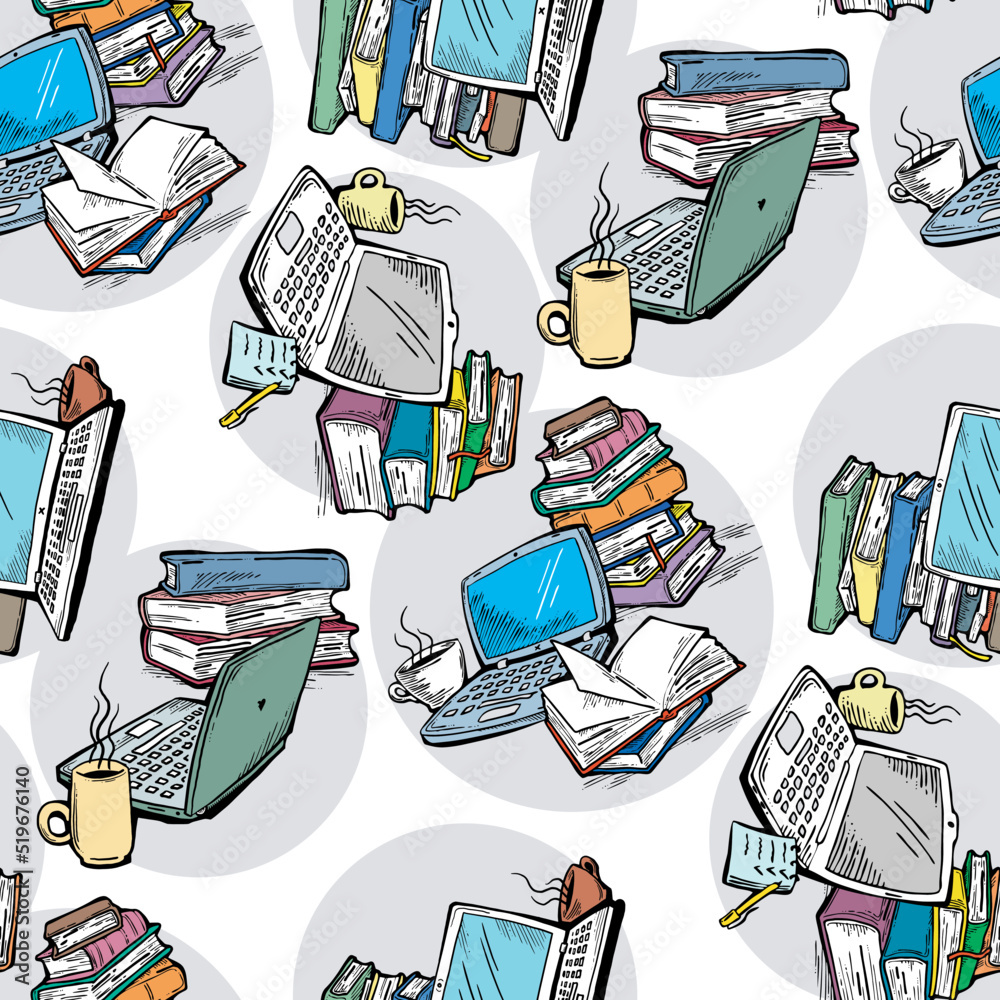 Pattern study with books and laptop, Student, kids textile print, fabric design, wrapping paper, scrapbook, background and more. Back to school theme hand drawn illustration. Cartoon vector drawing. Pattern study with books and laptop, Student, kids textile print, fabric design, wrapping paper, scrapbook, background and more. Back to school theme hand drawn illustration. Cartoon vector drawing.