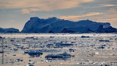 Small bits of ice floating in the bay in front of snow covered mountains at Cierva Cove, Antarctica