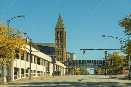 Church and parking garage in downtown Akron, Ohio
