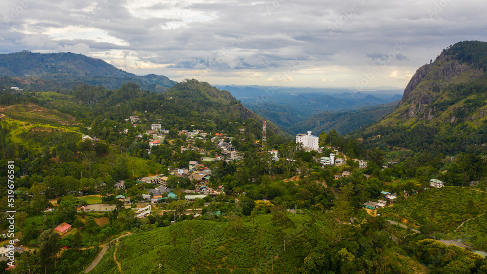 The town of Ella is surrounded by green hills with tea plantations and agricultural lands. Sri Lanka.
