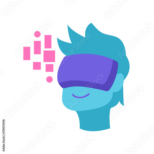 man wearing virtual reality goggles with digital pixel world element icon flat vector illustration