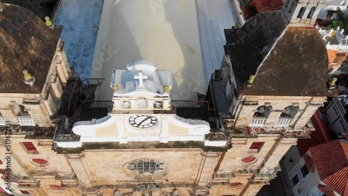 Aerial close up view and high angle of the San Pedro Claver sanctuary in the walled city (Ciudad Amurallada) of Cartagena de Indias, Colombia