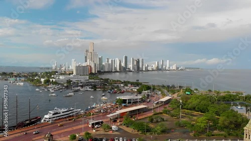 Aerial Panoramic view of the Walled city (Ciudad Amurallada) of Cartagena de Indias, Colombia