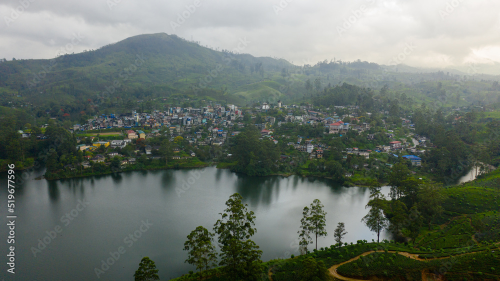 The town of Maskeliya, located on the shore of the lake among the mountains and tea plantations. Sri Lanka.