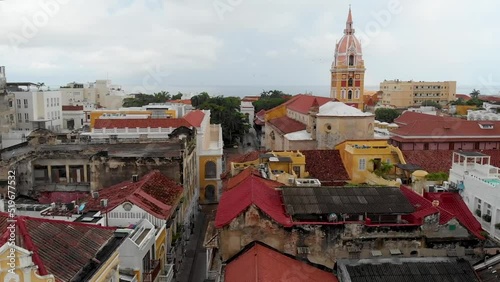 Aerial Panoramic view of the Walled city (Ciudad Amurallada) of Cartagena de Indias, Colombia in a rainy day