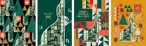 2023 is the year of the rabbit according to the Chinese calendar. Vector abstract illustrations of a rabbit, new year, Christmas tree, gifts, holiday objects. Drawings for poster, card or background