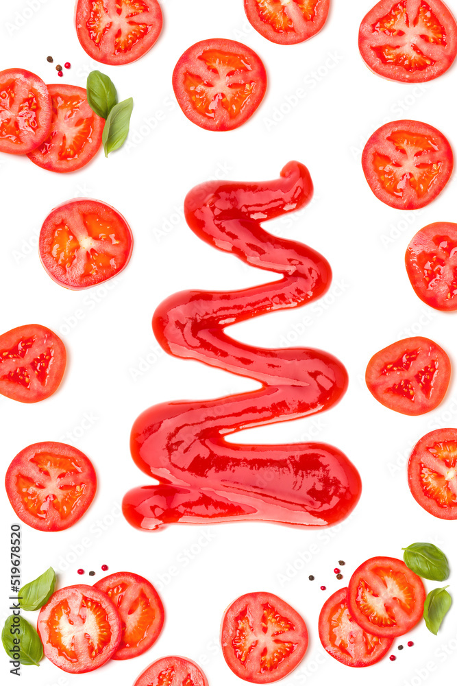 Tomato ketchup drops. Creative layout made of tomato slices and lettuce salad leaves. Flat lay, top view. Italian food concept. Tomato ketchup drops. Creative layout made of tomato slices and lettuce salad leaves. Flat lay, top view. Italian food concept.