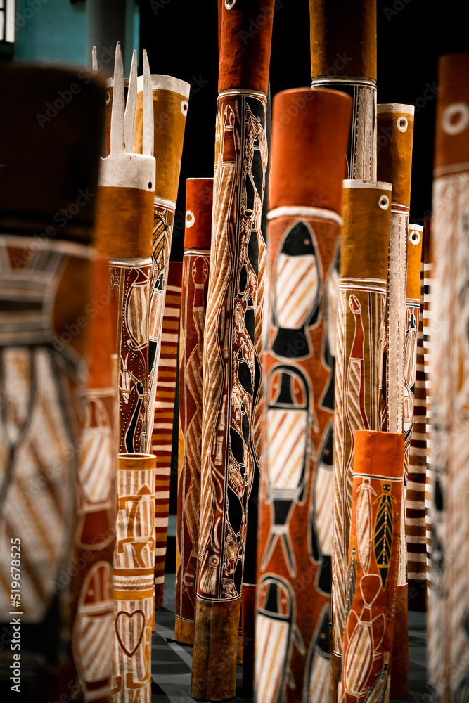 didgeridoos aboriginal indigenous musical instruments in gallery Stock
