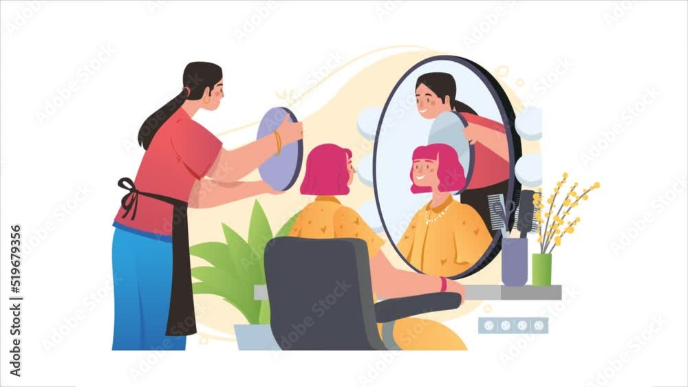 Profession of hairdresser video concept. Moving woman hairstylist works in beauty salon, makes hairstyle for client and holds mirror. Professional serving visitor. Gradient graphic animated cartoon Profession of hairdresser video concept. Moving woman hairstylist works in beauty salon, makes hairstyle for client and holds mirror. Professional serving visitor. Gradient graphic animated cartoon