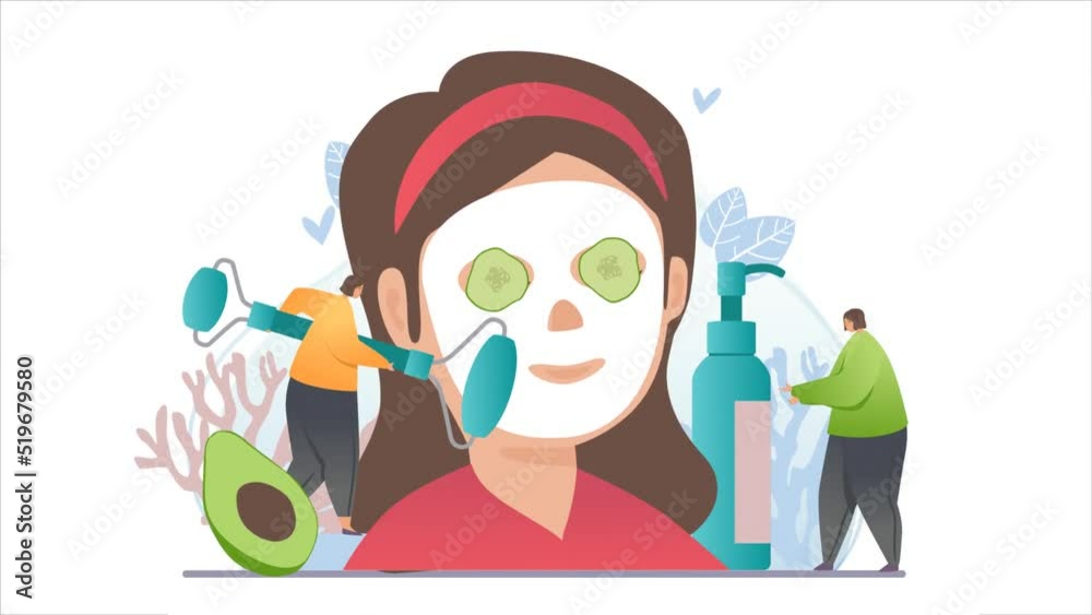 Personal care concept. Moving characters apply moisturizing or cleansing mask on skin of girl face and massage using mesoscooter. Daily beauty routine or spa procedure. Graphic animated cartoon Personal care concept. Moving characters apply moisturizing or cleansing mask on skin of girl face and massage using mesoscooter. Daily beauty routine or spa procedure. Graphic animated cartoon