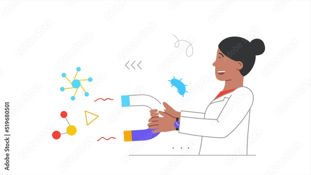 Scientist in laboratory. Moving female physicist or biotechnologist holds magnet and attracts atoms or molecules. Character conducting experiment or scientific research. Flat graphic animated cartoon Scientist in laboratory. Moving female physicist or biotechnologist holds magnet and attracts atoms or molecules. Character conducting experiment or scientific research. Flat graphic animated cartoon