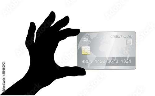 Hand Silhouette mit silberne Kreditkarte, 
Vektor Illustration isoliert auf weißem Hintergrund
