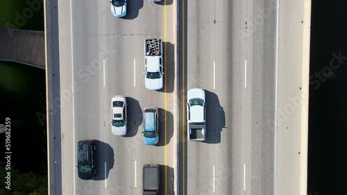 Rush hour traffic with a drone looking straight down moving along with traffic. photo