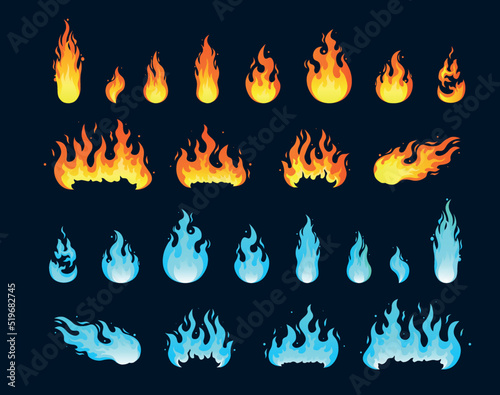 Set of fire icons. Different types of red and blue flames. Magic and sorcery. Graphic design elements for mobile game, animation and editing. Cartoon flat vector collection isolated on dark background