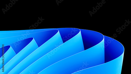 Blue wavy abstraction shape on black background. 3D rendered illustration of trendy modern image in Windows 11 style