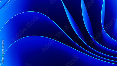 Blue wavy abstraction shape on black background. 3D rendered illustration of trendy modern image in Windows 11 style