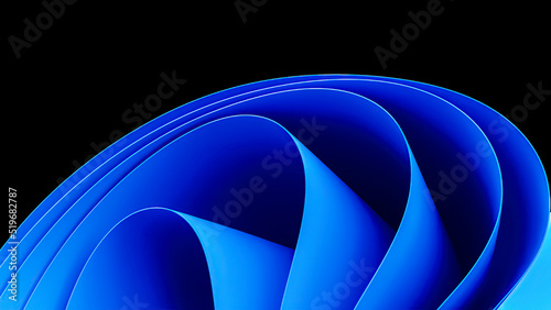 Blue wavy abstraction shape on black background. 3D rendered illustration of trendy modern image in Windows 11 style