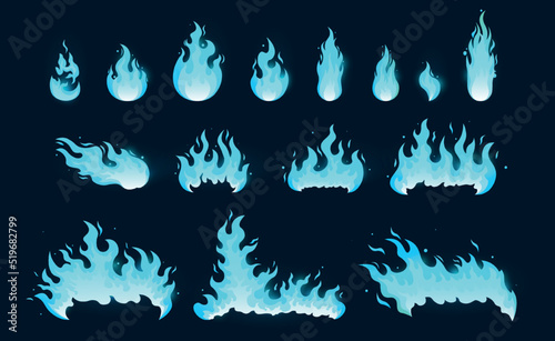 Set of blue burning fire. Flame stickers of various shapes. Design elements for mobile games, animations or logos. Candle or bonfire. Cartoon flat vector collection isolated on dark background