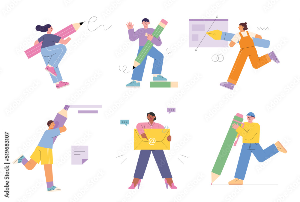 People are holding huge pens and writing letters, drawing or drawing lines. flat design style vector illustration.
