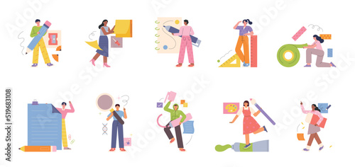 People are holding huge stationery and doing fun activities. flat design style vector illustration.