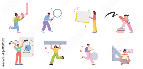 Small and cute people are busy carrying huge stationery. flat design style vector illustration.
