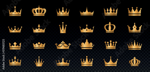 Set of golden crowns. Beautiful elegant tiaras for queen and king. Design elements for social media, print or logos. Copy space. Realistic 3D vector collection isolated on transparent background