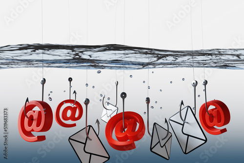 A lot of fishing hooks catching mails and AT symbol of keyboard in clear water. Illustration of email phishing crimes