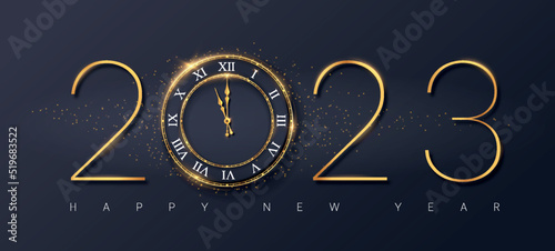 2023 Happy New Year. Background or banner with golden numbers, clock and glitter. Elegant design element for greeting card or website. Countdown, winter holiday. Realistic 3D vector illustration