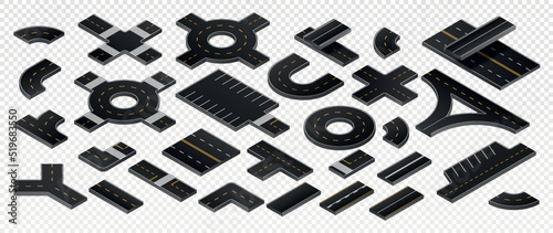 Set of Isometric road elements. Parts of highway, intersections, rings, parking lots and bridges for movement of cars. Copy space. Realistic 3D vector collection isolated on transparent background