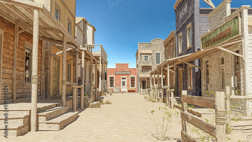 Fototapeta Naklejka Na Ścianę i Meble -  3D illustration rendering of an empty street in an old wild west town with wooden buildings.