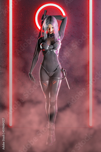 3d illustration. Girl warrior with katana in the smoke in the neon lights.